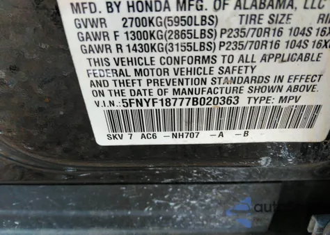2007 Honda Pilot Ex-L z USA, uszkodzony, nr VIN 5FNYF18777B020363